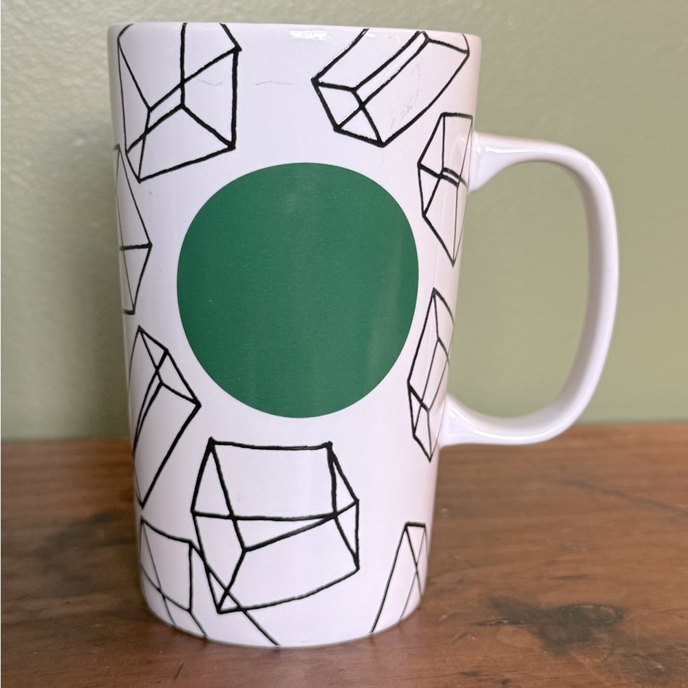 2014 Starbucks Coffee Tall 5.5'' Mug Cube Design Green Dot Collection 16 oz Cup